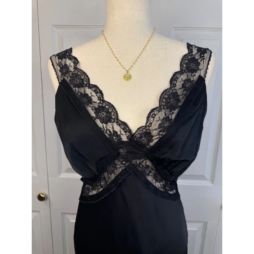 Abercrombie & Fitch Black Lace Satin Maxi Bias Cut Slip Dress S Y2K Romantic